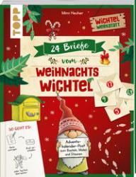 Buchcover mit dem Titel '24 Briefe vom Weihnachts Wichtel'. Illustration eines Wichtels und Briefumschlägen auf rotem Hintergrund.