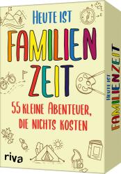 Buchcover mit dem Titel 'Heute ist Familienzeit'. Bunte Schriftzüge in verschiedenen Farben. Illustrationen von Natur, Aktivitäten und Abenteuern. Untertitel: '55 kleine Abenteuer, die nichts kosten'.