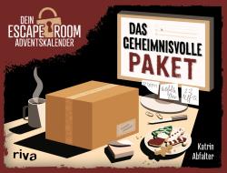 Cover für einen Escape Room Adventskalender. Titel: Das geheimnisvolle Paket, mit einem Paket und einer Tasse Kaffee.