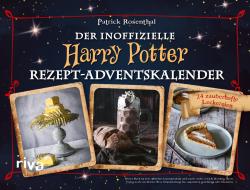 Buchcover mit dem Titel 'Der inoffizielle Harry Potter Rezept-Adventskalender'. Bilder von verschiedenen Leckereien und einem dekorativen Hintergrund.