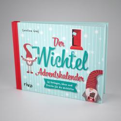 Buch mit hellblauer und roter Gestaltung. Titel 'Der Wichtel Adventskalender' mit Illustrationen von Wichteln und Schneeflocken.