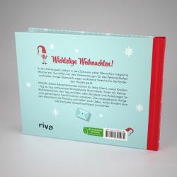 Hochwertiges Weihnachtsbuch mit hellblauer Covergestaltung, rotem Schriftzug und kleinen Schneeflocken. Enthält Text und Illustrationen zum Thema Weihnachten.