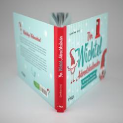 Buch mit hellblauer Covergestaltung und roten Akzenten. Titel lautet Der Wichtel Adventskalender, mit weihnachtlichem Design und einem Wichtel auf dem Cover.