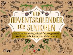 Buchcover mit dem Titel 'Der Adventskalender für Senioren'. Dekorative Weihnachtsmotive und goldene Schrift.