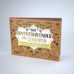 Buch mit braunem Kartonumschlag, Titel Der Adventskalender fur Senioren, mit weihnachtlichen Illustrationen und Schriftzug. Der Titel ist in einer weißen Umrahmung, darunter gelbliches Etikett mit Text.