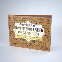 Buch mit brauner Pappeinbindung und buntem, winterlich dekoriertem Cover. Titel lautet Der Adventskalender fur Senioren, Autor Marlen Fischer.
