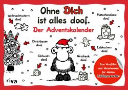 Adventskalender mit einem Schaf in Weihnachtsmütze. Verschiedene weihnachtliche Elemente sind abgebildet, alle mit dem Wort 'doof' gekennzeichnet.