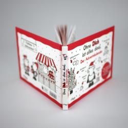 Offenes Adventskalenderbuch in Rot und Weiß mit Weihnachtsmotiven und einem Schneemann. Titel auf dem Cover: Ohne Dich ist alles doof.