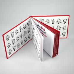 Offenes Kinderbuch mit rot umrandetem Einband. Innen sind schwarz-weiße Comic-Charaktere und ein Textabschnitt sichtbar.