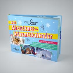 Buch mit blauer Covergestaltung, Titel 'Der Abenteuer-Adventskalender'. Enthält Winter-Rätsel, Schneeindrücke und Bastelideen für Geschenke.