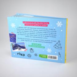 Buchrücken in blau mit weißen Schneeflocken, auf der Rückseite Text in Deutsch, kleine Illustrationen von Geschenken, Schneeflocken, Tannenbaum und Kerze. Das Cover ist bunt und winterlich gestaltet.