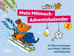 Buchcover für 'Mein Mitmach-Adventskalender 2'. Illustrationen von einer Maus und einem Elefanten auf einem Schlitten.