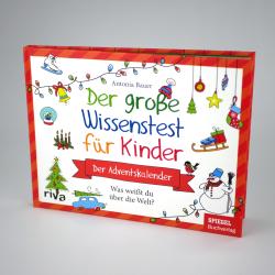 Buch mit buntem Weihnachtsdesign, Titel Der grosse Wissenstest fur Kinder. Enthalt Weihnachtsmotive wie Schneemann, Tannenbaum, Geschenke und Lichterketten.