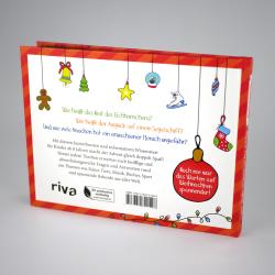 Buchrückseite mit weihnachtlichen Illustrationen wie Glocken, Sternen, Schneemann und Weihnachtsmann. Enthält Text zu Weihnachten und nachhaltiger Produktion.