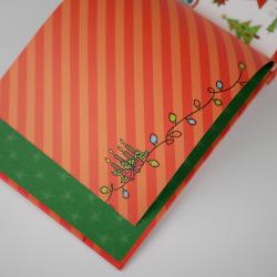 Weihnachtliche Geschenkbox mit rotem und grünem Design. Auf der Box sind Weihnachtslichter und Tannenzweige abgebildet.