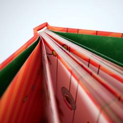 Buch mit buntem Cover in Rot und Grün. Sichtbare Seiten, die an einem Rand gefaltet sind.