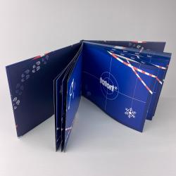 Offenes Fotobuch mit blauer Covergestaltung, innen Seiten mit weissen Fußabdrücken, Schneeflocke und einem Eishockeyfeld. Das Buch liegt auf einem weißen Untergrund.
