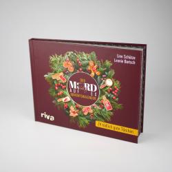 Buch mit dunkelrotem Einband. Cover zeigt einen Weihnachtskranz mit kleinen Figuren und Gegenständen, darunter Schneemann, Lebkuchen, Lampe und Geschenk.