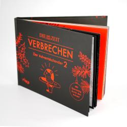 Schwarzes Adventskalenderbuch mit roten Schriftzug und Illustrationen. Titel lautet Verbrechen, mit weihnachtlichen Dekorationen.