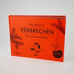 Rotes Adventskalender mit schwarzen Schriftzug VERBRECHEN und Illustration eines Kopfes. Enthält Hinweise auf Kriminalfälle und Heiligabend.