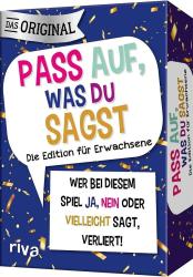 Spielbox mit buntem Design. Titel: 'PASS AUF, WAS DU SAGST'. Edition für Erwachsene. Hinweis: Wer 'JA', 'NEIN' oder 'VIELLEICHT' sagt, verliert.