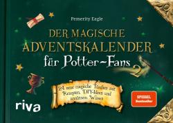 Buchcover mit dem Titel 'Der magische Adventskalender für Potter-Fans 2'. Grüner Hintergrund mit goldenen und weißen Schriftzügen sowie verschiedenen magischen Symbolen.