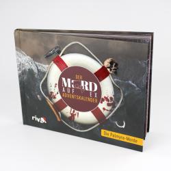 Buch mit dunklem Cover, zeigt einen Rettungsring mit Blutspuren, einem kleinen Schädel und einer Waffe. Titel lautet Der Mord auf Adventskalender, Thema Palmyra Mord.