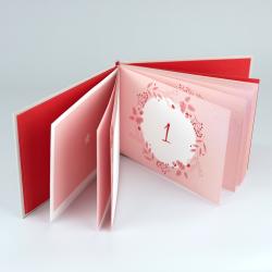 Offenes Adventskalenderbuch mit rosa und roten Farbtönen. Das Cover zeigt einen weihnachtlichen Kranz mit der Zahl eins in der Mitte.