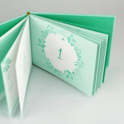 Offenes Buch mit grünen Seiten und einer dekorativen Umrandung. Die Seite zeigt die Zahl eins in der Mitte.