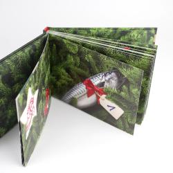 Offenes Fotobuch mit grünen Tannenzweigen auf den Seiten. Eine Fotokarte mit Fisch, rotem Band und Anhänger ist sichtbar.