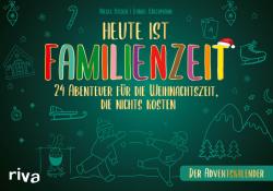Buchcover mit dem Titel 'Heute ist Familienzeit'. Illustrationen von winterlichen Motiven und zwei spielenden Kindern.