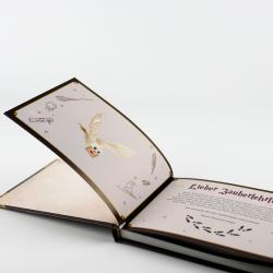 Offenes Buch mit Illustration eines Eulen-Charakters, der eine kleine Box trägt. Die Seite enthält Text in deutscher Sprache und dekorative kleine Symbole.