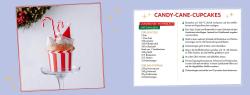 Bild eines Cupcakes in einer roten und weißen Streifenverpackung. Der Cupcake ist mit weißer Creme, Zuckerstangen und kleinen Weihnachtsmützen dekoriert.