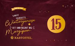 Hintergrund in dunklem Rot mit kleinen weißen, gelben und goldenen Sternen. Große gelbe Zahl 15 in der Mitte, Text in Deutsch über Wintergemüse und Marzipan.