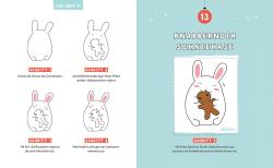 Zeichnung eines Hasen mit runden Umrissen, der eine kleine Lebkuchenfigur hält. Schritt-für-Schritt-Anleitung zum Ausmalen und Dekorieren des Lebkuchenhasen.