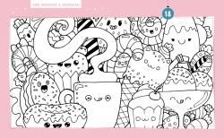 Schwarz-weiße Ausmalvorlage mit vielen süßen Keksen, Cupcakes, Lollis und anderen Leckereien. Die Bilder haben freundliche Gesichter und sind zum Ausmalen und Auspowern.