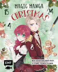 Buchcover mit dem Titel 'Magic Manga Christmas'. Zwei Manga-Charaktere, festliche Elemente wie Geschenke und Weihnachtsdekoration.