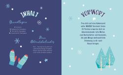 Zwei Seiten eines Adventskalenders mit winterlichem Design. Auf der linken Seite sind Schneeflocken und eine Mütze, auf der rechten Seite sind Schneemänner und Tannenbäume.