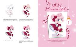 Anleitung zum Ausmalen eines Chibi-Mädchens mit rosa Haar, rotem Kleid und Blumenstrauß. Schritt-für-Schritt mit Farbauswahl und Details.