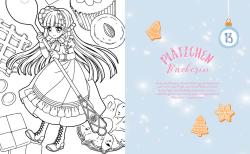 Schwarz-Weiß-Ausmalbild eines Mädchens in einem Kleid mit langen Haaren, das eine Gabel hält. Im Hintergrund sind Kekse und Backutensilien zu sehen.