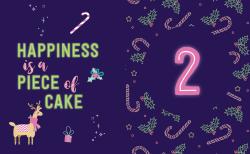 Hintergrund dunkelblau mit weihnachtlichen Motiven wie Mistelzweige, Zuckerstangen, Sternen, kleinen Geschenken und einem Rentier. Text in grüner, pinker und weißer Schrift: HAPPINESS ist ein Stück Kuchen.