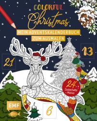 Buchcover mit dem Titel 'Colorful Christmas'. Adventskalender zum Ausmalen mit einem Rentier und Weihnachtsbaum.