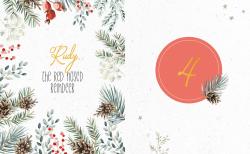 Weihnachtliches Design mit Tannenzweigen, Zapfen, Beeren und kleinen Sternen. In der Mitte ein roter Kreis mit der Zahl 4 und einem kleinen Tannenzweig.