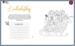 Weihnachtliche Illustration mit vielen Geschenken in einem Schlitten, kleine Figuren und Spielzeug. Das Bild ist schwarz-weiß und zum Ausmalen.