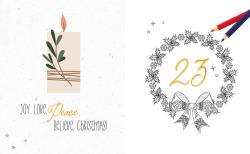 Zwei Weihnachtskarten. Die linke Karte zeigt eine Kerze mit Blättern und Zweigen, darunter der Text JOY LOVE PEACE BELIEVE CHRISTMAS. Die rechte Karte hat eine Weihnachtskranz mit Schleife und der Zahl 23 in der Mitte.