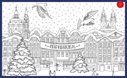 Weihnachtliche Stadtansicht mit Gebäuden, Weihnachtsbaum und fliegenden Vögeln. Über der Szene hängt ein Banner mit 'Merry Christmas'.