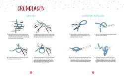 Anleitung zum Knoten und Binden von Luftmaschen in der Häkeltechnik. Schrittweise Illustrationen zeigen die einzelnen Schritte.