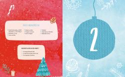 Weihnachtsbild mit roten und blauen Hintergründen. Links sind weihnachtliche Symbole wie Zuckerstange, Tannenzapfen, Kerze, und Tannenbaum. Rechts eine blaue Weihnachtskugel mit der Zahl 2.