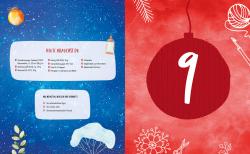 Adventskalender mit blauer und roter Gestaltung. Auf der linken Seite sind weihnachtliche Symbole und eine Liste mit Zutaten, auf der rechten Seite eine große rote Kugel mit der Zahl 1.