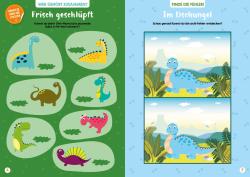 Buchcover mit dem Titel 'Super Dino-Power'. Bunte Illustrationen von Dinosauriern und Stickern.